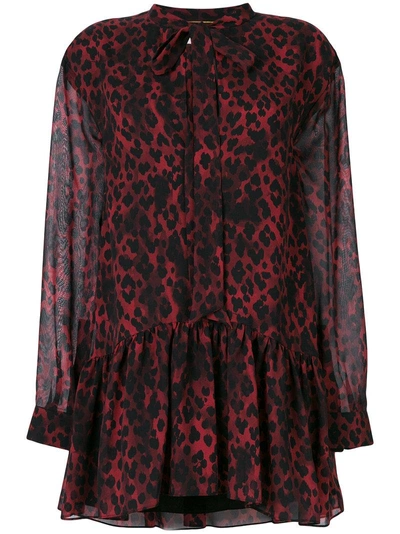 Saint Laurent Leopard Print Tie Neck Mini Dress - Red