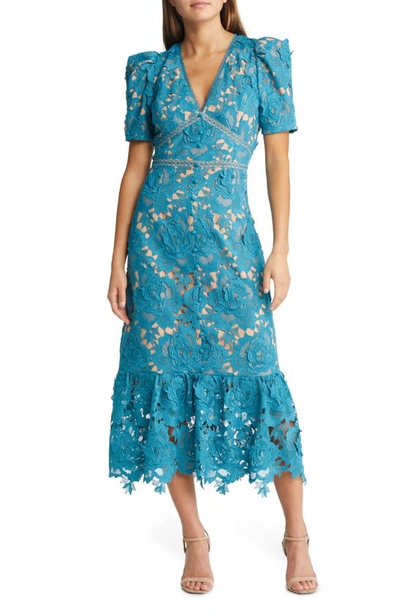 Adelyn Rae Wanda Floral Lace Puff Sleeve Dress In Teal