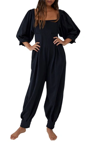 Free People Lotta Love Balloon Sleeve Cotton Jersey Jumpsuit In Black