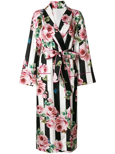 Dolce & Gabbana Rose Striped Robe Coat In White-black