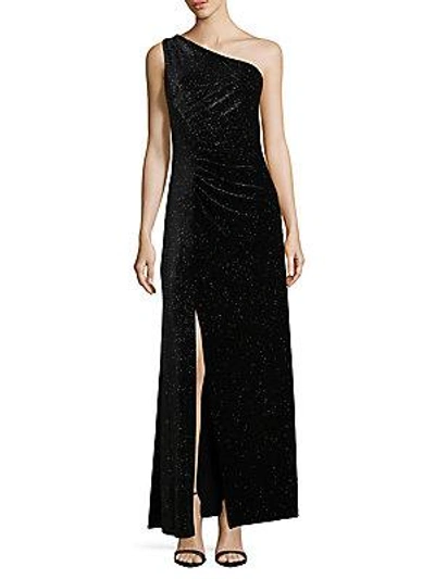 Calvin Klein One-shoulder Sparkling Velvet Gown In Black