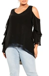 City Chic Trendy Plus Size High Low Cold Shoulder Top In Black
