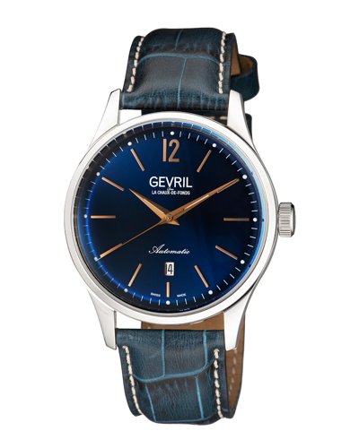 Gevril Men's Five Points Swiss Automatic Italian Blue Leather Strap Watch 43mm In Silver-tone