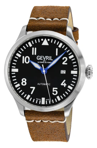 Gevril Men's Vaughn Swiss Automatic Italian Rust Brown Leather Strap Watch 44mm In Silver-tone