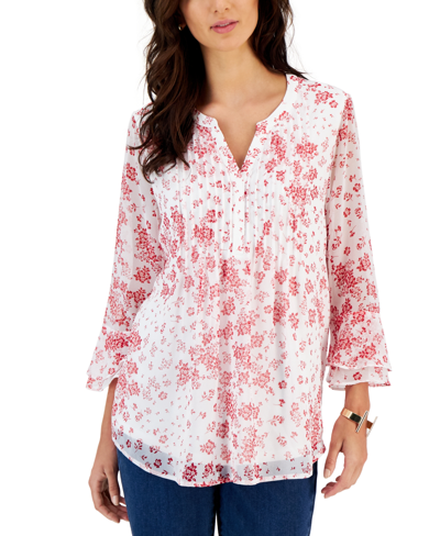 Charter Club Women's Printed Pintuck Top, Created For Macy's In Cloud Floral Combo