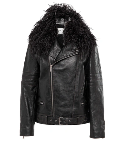 Saint Laurent Feather-trimmed Crinkled-leather Biker Jacket In Noir