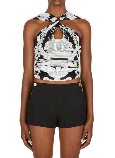 Versace Baroque Pattern Sleeveless Cropped Top In Black