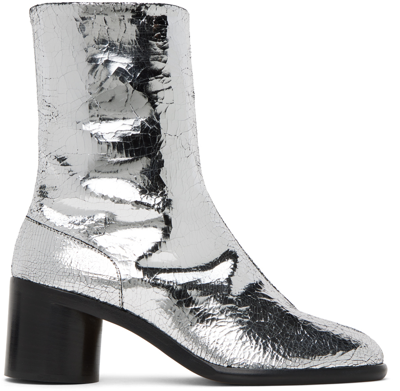 Maison Margiela Men's Cracked Metallic Leather Split-toe Ankle Boots In Silver