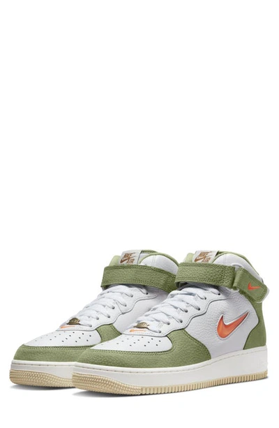 Nike Men's Air Force 1 Mid Qs Sneaker In White/total Orange-oil Green