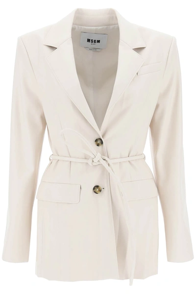 Msgm Faux Leather Jacket With Belt In White