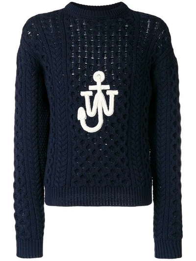 Jw Anderson Logo Cotton Blend Cable Knit Sweater In Navy