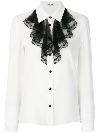 Miu Miu Lace-trimmed Silk Shirt In White + Black