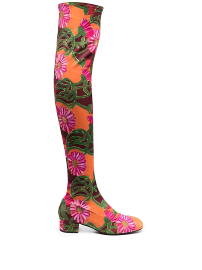 La Doublej Stretch Floral Over-the-knee Boots In Orange Gerber