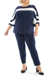 Nina Leonard Colorblock Stripe Top & Pants Set In Navy/ Ivory