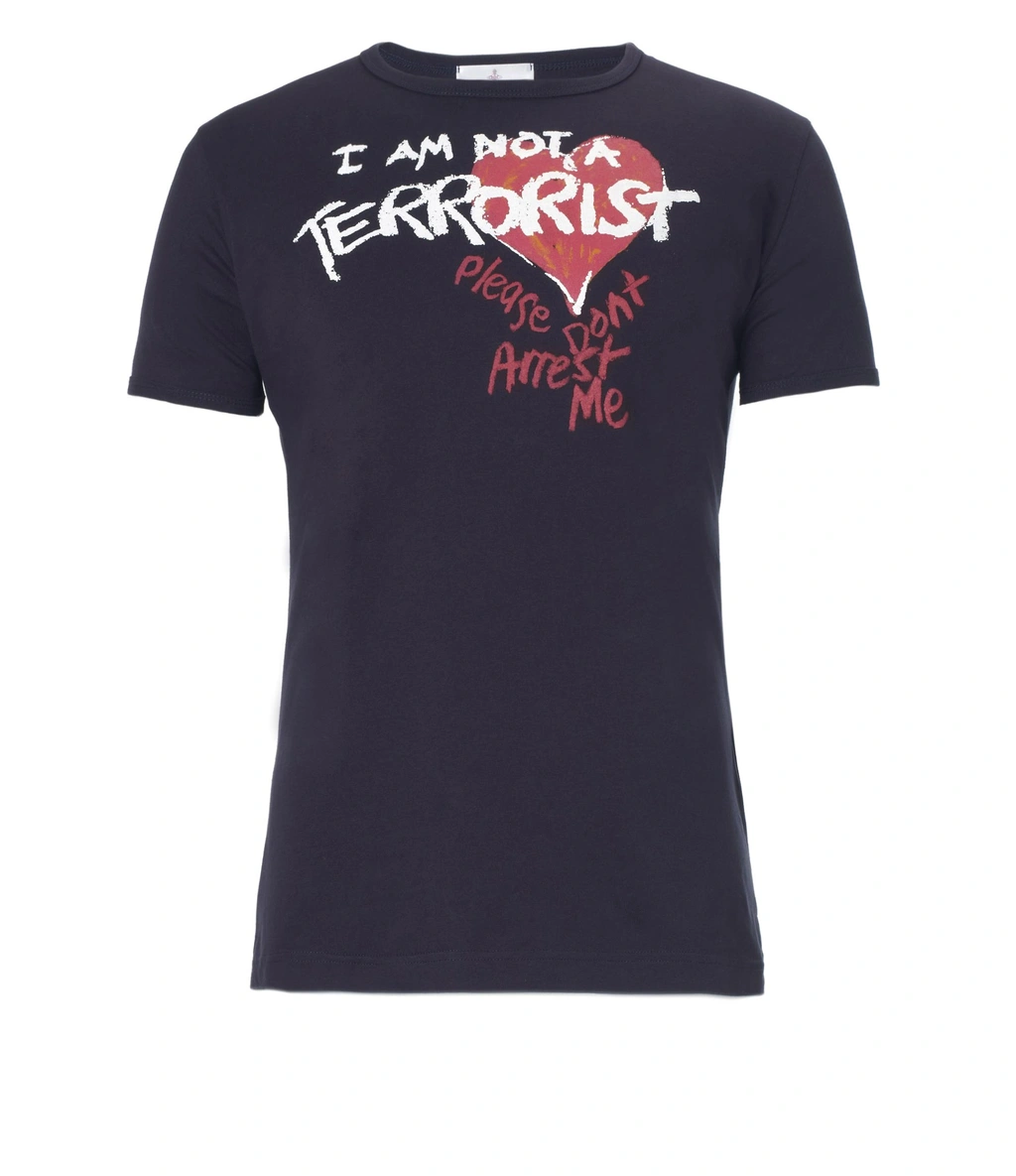 Vivienne Westwood☆ I am not a terrorist A model wears a shirt reading 