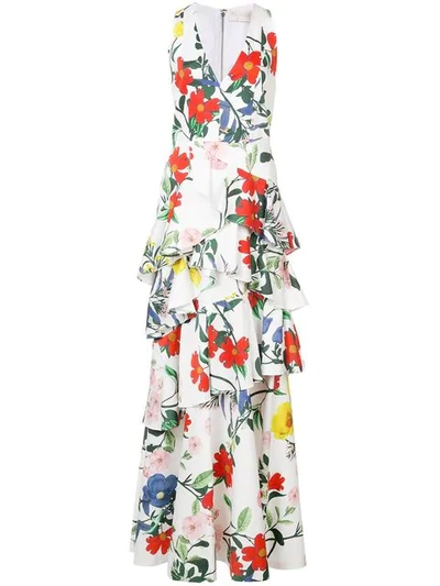 Alice And Olivia Flossie Sleeveless Deep-v Floral-print Ruffled Tiered Gown In Whimsy Floral