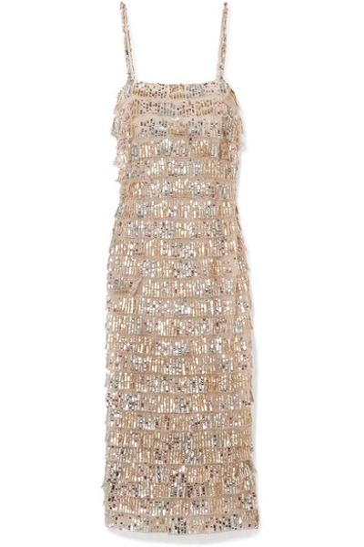 Monique Lhuillier Tiered Sequin-embellished Tulle Midi Dress In Metallic