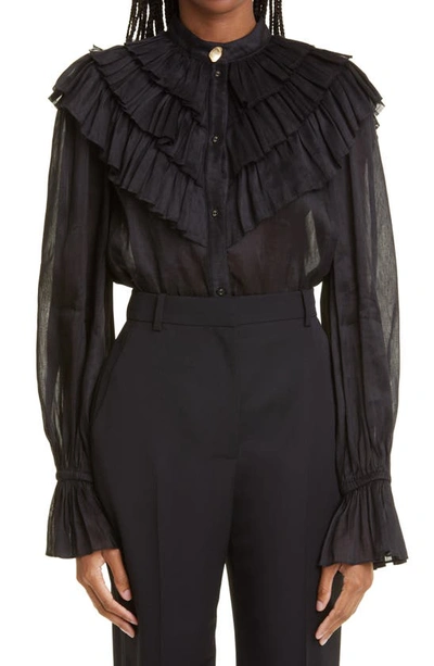 Aje Serene Ruffle Collar Linen & Silk Organza Button-up Blouse In Black
