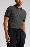 Open Edit Texture Knit Polo Sweater In Black Rib Stripe
