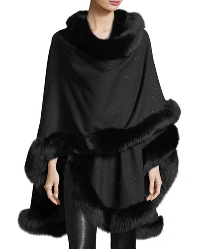 Sofia Cashmere Fox Fur-trimmed Cashmere Sequin U-cape In Black