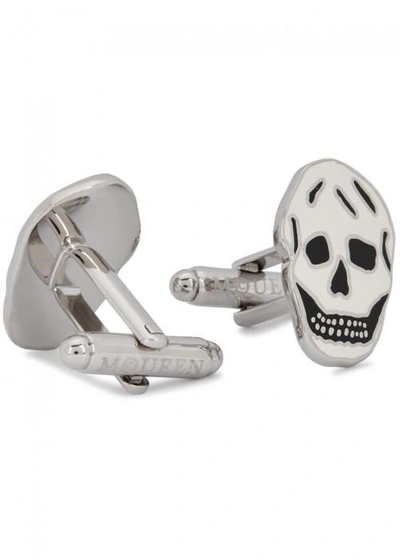 Alexander Mcqueen Gunmetal Enamelled Skull Cufflinks In Silver