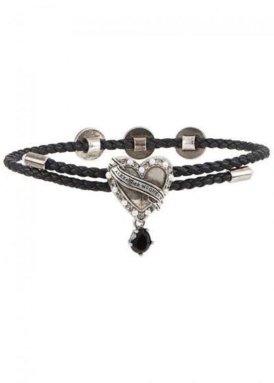Alexander Mcqueen Swarovski-embellished Leather Bracelet In Black