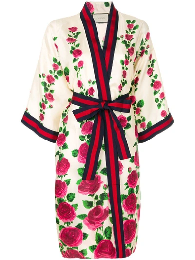 Gucci Rose Garden Print Silk Kimono In Ivory-pink Prt-multi