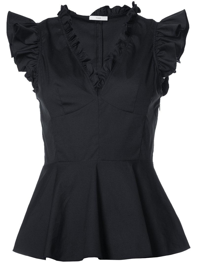 Tome V-neck Top With Frills In Black | ModeSens