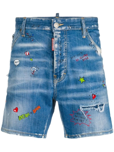 Dsquared2 Doodle Print Denim Shorts In Navy