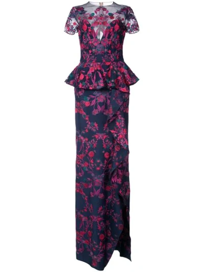 Marchesa Notte Floral Embroidered Maxi Dress In Blue