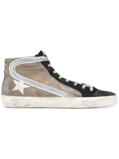 Golden Goose Slide Suede And Canvas Distressed Hi-top Trainers In Black ,brown