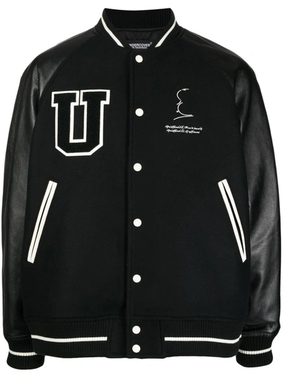 Undercover Hitchcock Leather Sleeve Varsity Jacket In Black