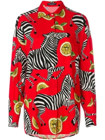 Dolce & Gabbana Charmeuse Zebra & Lemon Print Blouse In Red