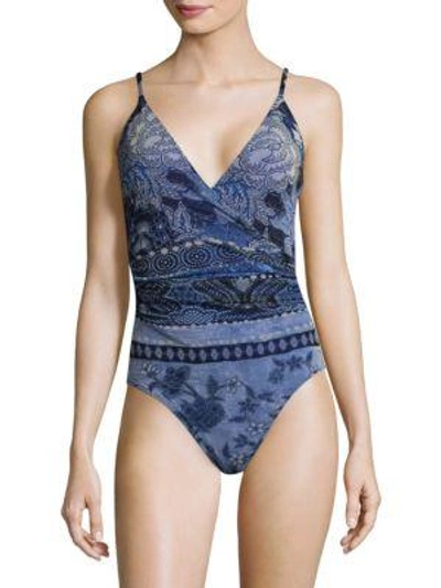 Fuzzi Swim Printed V-neck One-piece Swimsuit In Overseas Blue