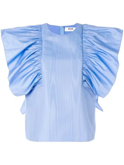 Msgm Ruffled-sleeve Moire Top In Light Blue