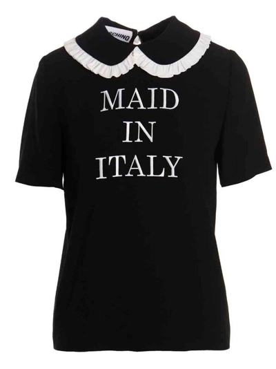 Moschino Slogan-embroidered Frill-collar T-shirt In Black