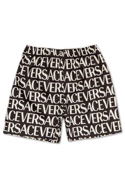 Versace Kids' Little Boy's & Boy's Logo Print Nylon Swim Shorts In Monochrome