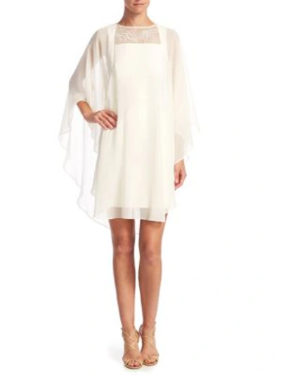 Halston Heritage Fitted Cocktail Dress W/ Embroidered Sheer Overlay In Cream