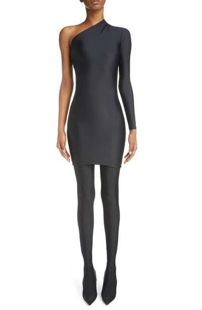 Balenciaga Asymmetric One-shoulder Matte Spandex Mini Dress In Black