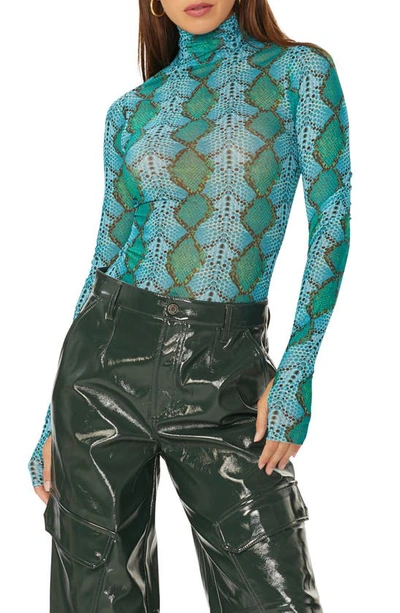 Afrm Zadie Mesh Turtleneck Top In Teal Snake