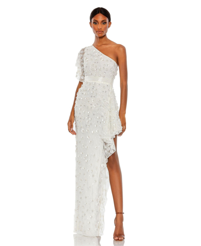 Mac Duggal Asymmetric Beaded One Shoulder Gown In White