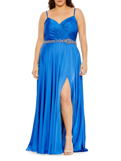 Mac Duggal Beaded Women's Faux Wrap A Line Plus Size Gown In Cobalt