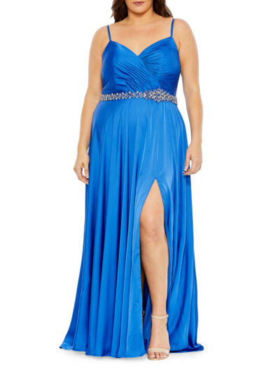 Mac Duggal Blue Beaded Belt Faux Wrap A Line Gown (plus) In Cobalt