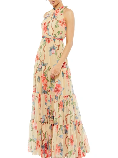 Mac Duggal Floral Button High Neck Maxi Dress In Beige