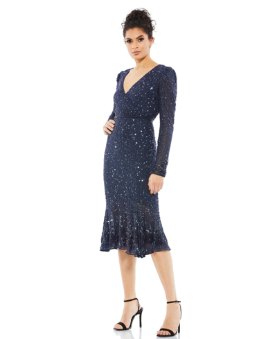 Mac Duggal Sequined Long Sleeve Midi Trumpet Dress In Blue