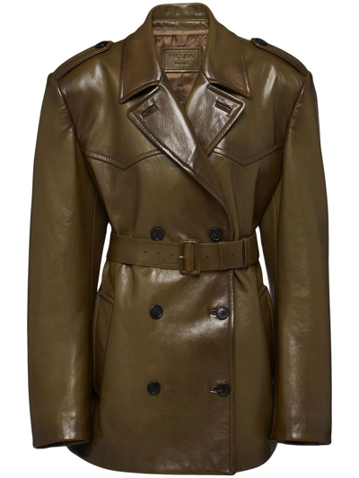 Prada Double-breasted Leather Coat In Multi-colored