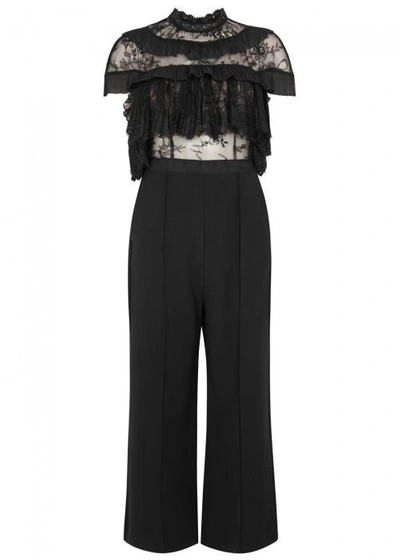 Self-portrait Black Cropped Twill And Lace Jumpsuit