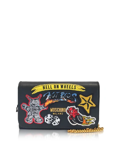 Moschino Black Leather Wallet Clutch W/patches