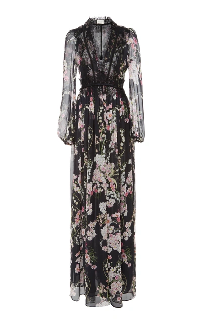 Giambattista Valli Lace-trimmed Floral-print Silk-chiffon Maxi Dress In Black