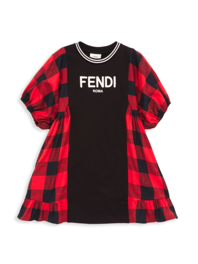 Fendi Kids' Girl's Mixed-prints Logo Text Dress In Check Red